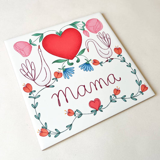 Tile mom with goslings, hearts, and flowers: Tile with hanging eye