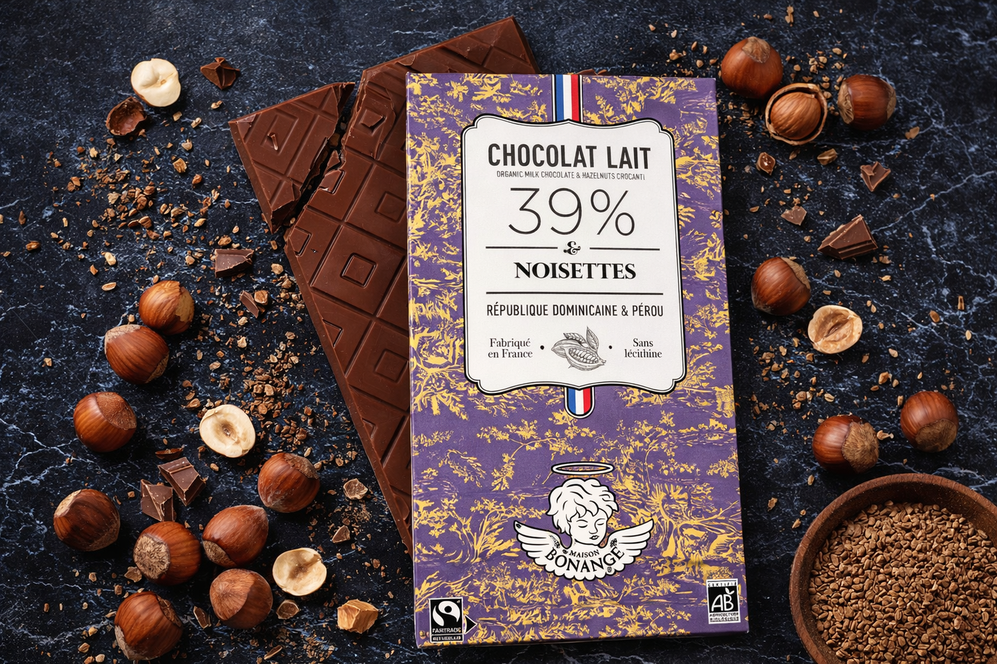 Organic Fairtrade 39% Milk Chocolate Bar with Hazelnuts 80g