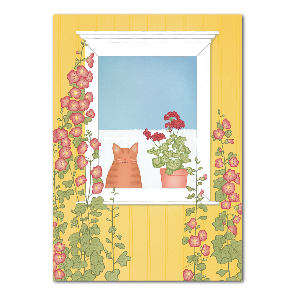 Window cat with hollyhocks | Postcard: Swedish summer