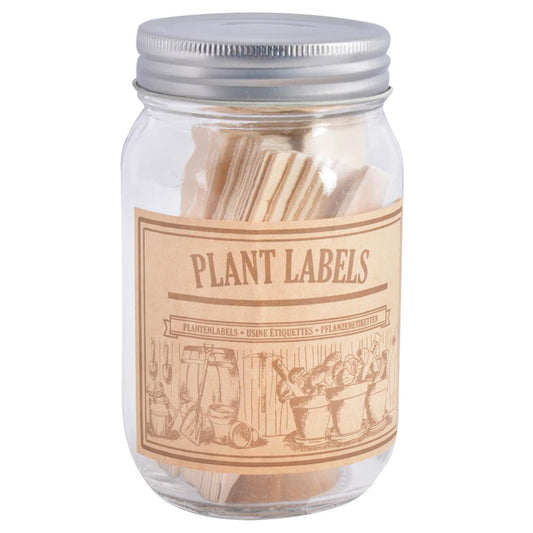 Houten plantenlabels in glazen pot