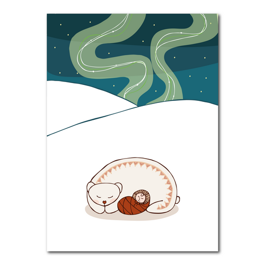 Polar bear with baby and northern lights | Card