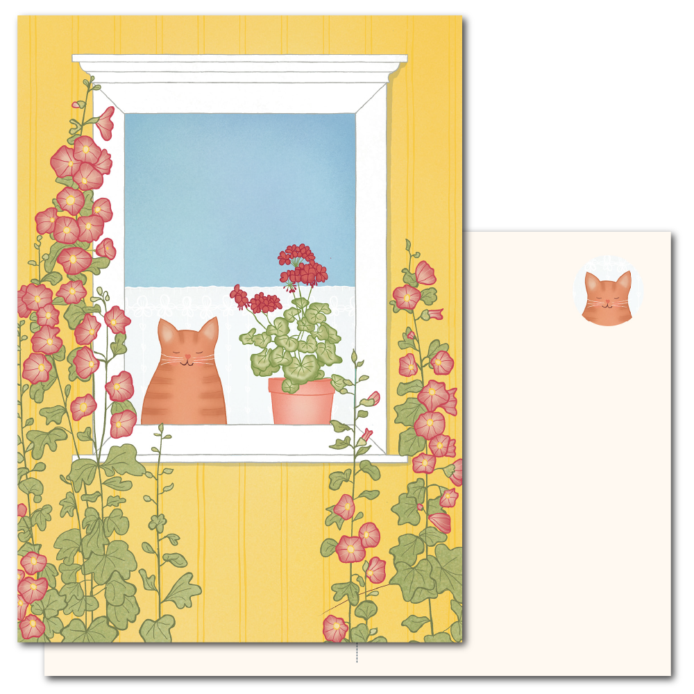 Window cat with hollyhocks | Postcard: Swedish summer